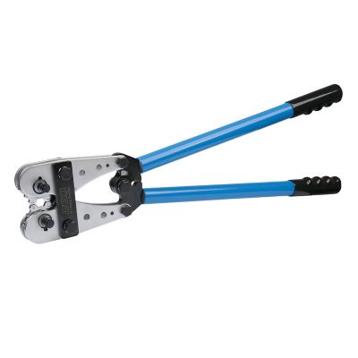 Heavy duty hex crimp tool with blue handles, designed for crimping 8-4/0 gauge wires, featuring a robust construction.
