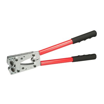 Junior Heavy Duty Hex Crimp Tool with adjustable heads, featuring red handles and a sturdy metal frame for various gauges.