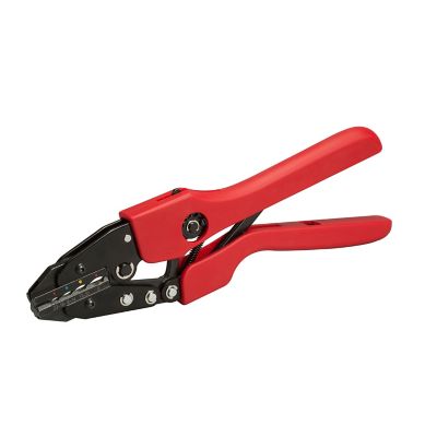 Red NSPA T-R-50 ratchet crimp tool for heat shrink terminals, featuring ergonomic handles and sturdy build.