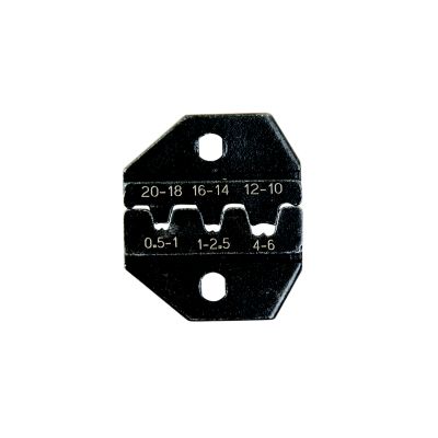 Crimp die for open barrel terminals, compatible with NSPA T-DIE-3B, showcasing labeled grooves for wires.