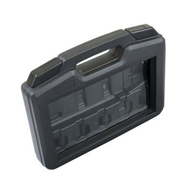 Durable carrying case for crimp dies with transparent lid, secure latches, and ergonomic handle design.
