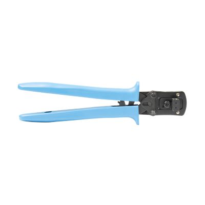Blue-handled solar PV crimp tool for 12-10 gauge wires, featuring a sturdy black crimping mechanism.