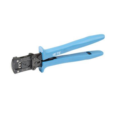 Solar PV crimp tool with blue handles for 12-10 gauge wires, essential for efficient electrical connections.