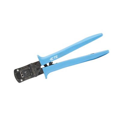 Solar PV connector crimp tool by TE Connectivity with blue handles, designed for 12-10 gauge wire.