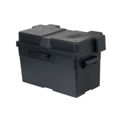 Black plastic adjustable battery box for Group 24, 27, and 31 batteries, with secure lid and durable build.