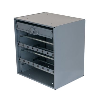 Gray tabletop wire rack with multiple slots for organized storage, featuring a hinged front panel with a handle.