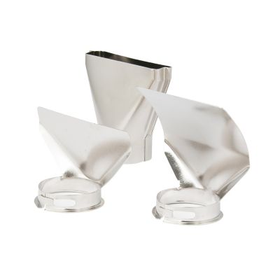 Heat gun accessories in silver finish, featuring three distinct nozzle types for versatile applications.