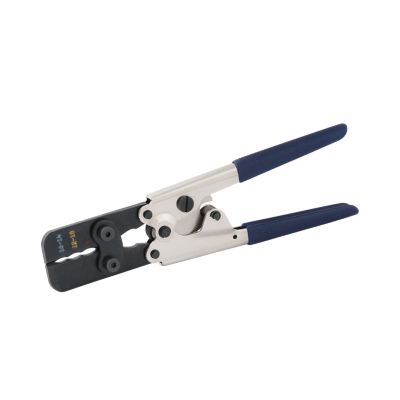 Ratchet crimp tool by FTZ Industries, designed for insulated terminals, featuring ergonomic blue handles.