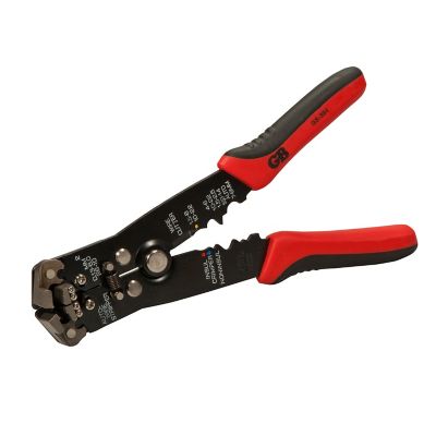 Multifunctional wire stripper and cutter with ergonomic red and black handles, ideal for electrical and fishing tasks.