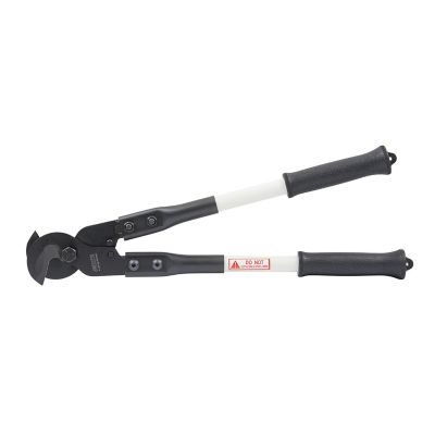 Heavy duty black and white cable cutter with ergonomic grips, designed for cutting large cables efficiently.