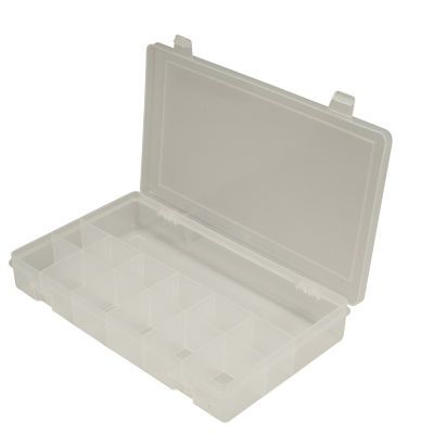 Clear plastic scoop box with multiple compartments, open lid, ideal for organizing small items. Durable and translucent design.