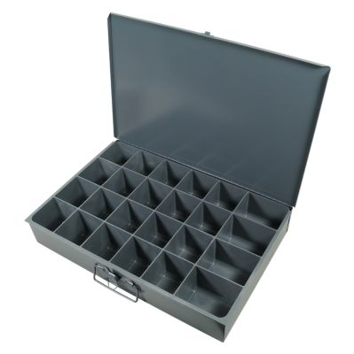 Durham DS-24 W/C metal scoop box with open lid, showcasing multiple compartments for organized storage.