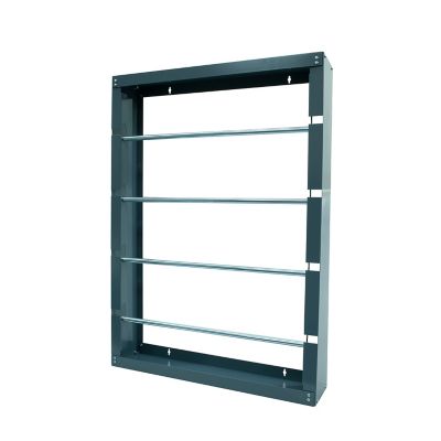 Heavy-duty wire rack with metal frame, featuring multiple bars for storage and organization. Durable and versatile design.
