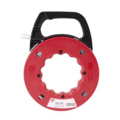 Red Gardner Bender fish tape with black handle, ideal for wire installation and electrical projects.