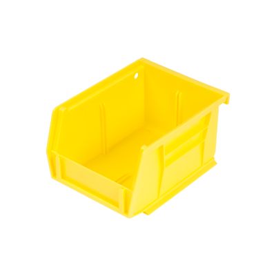 Yellow storage bin for organizing items, ideal for use with wire carts, featuring durable construction and open front design.