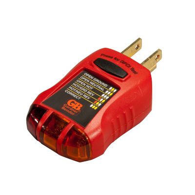Red Gardner Bender GFI-3501 receptacle tester with LED indicators and a black test button for electrical outlet testing.