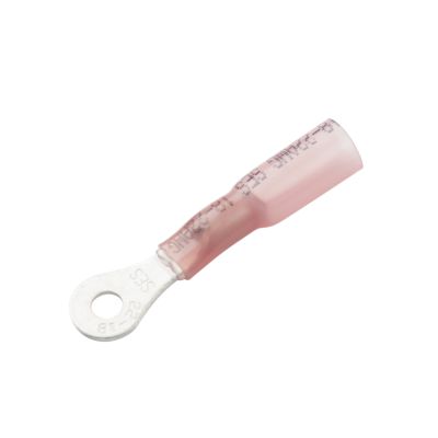 Red heat shrink and crimp long neck ring terminal for electrical connections, featuring a 6 stud design and insulated body.
