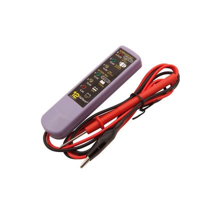 Automotive voltage tester with digital display and connected wires, designed for 12V DC systems, ideal for vehicle diagnostics.