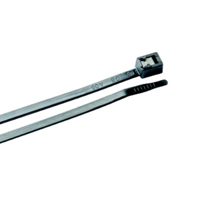 Two black self-cutting cable ties with locking heads, showcasing a UV-resistant finish for durability and ease of use.