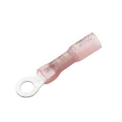 Red heat shrink and crimp long neck ring terminal for 22-18 gauge wires, suitable for 10 stud applications.