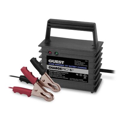 Portable 12V battery charger with handle and attached red and black clamps for easy use.