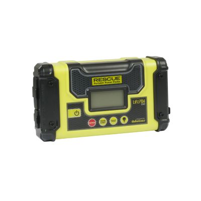 Portable battery booster pack with digital display, vibrant yellow casing, and control buttons for easy vehicle jump-starting.