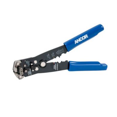 Automatic wire strip and crimp tool with blue handles and metal jaws, featuring precise adjustment settings.