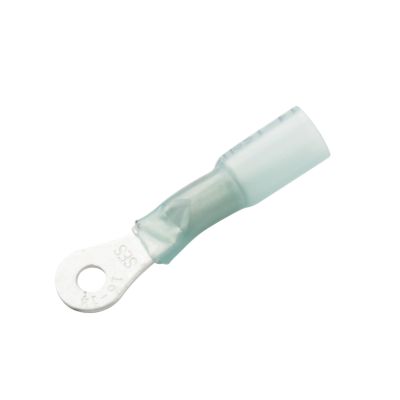 Blue NSPA KS114-06L heat shrink and crimp long neck ring terminal for 6 stud, ideal for 16-14 gauge wires.