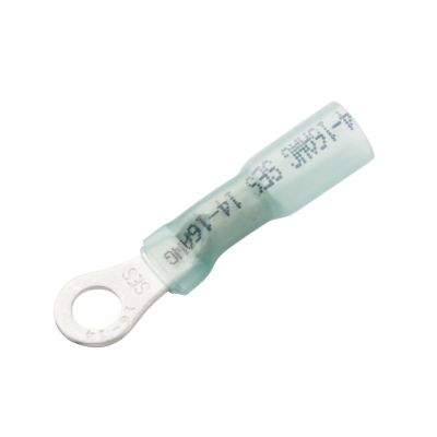 Heat shrink crimp long neck ring terminal with 10 stud, blue, for 16-14 gauge wires, NSPA KS114-10L model.