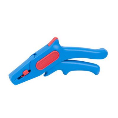 Automatic wire stripper tool with blue ergonomic handles and red accents.