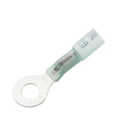 Blue heat shrink and crimp long neck ring terminal for wiring, showcasing a clear view of the stud and gauge details.