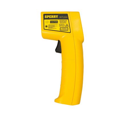 Yellow Gardner Bender ECM IRT200 infrared digital thermometer with black trigger and caution label on the side.