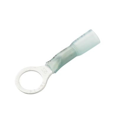 Blue NSPA KS114-38L heat shrink and crimp long neck ring terminal for electrical connections, suitable for 16-14 gauge wire.