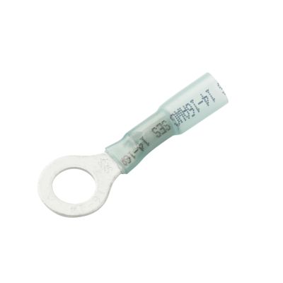 Blue heat shrink and crimp long neck ring terminal for electrical connections, showing durable design and functionality.