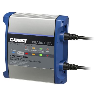 Marine on-board battery charger with LED indicators for power status and protection, featuring waterproof and shock-resistant design.