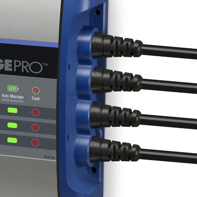 Blue on-board battery charger with multiple black charging cables and LED indicators for auto-maintain and fault status.