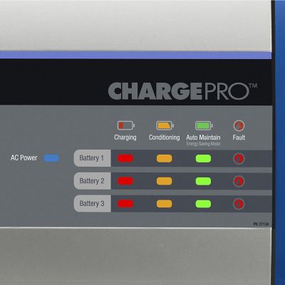 On-board battery charger display showing status indicators for charging, conditioning, and fault alerts.