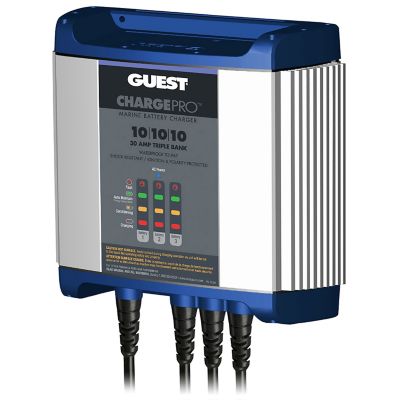 Marine on-board battery charger with LED indicators and multiple charging ports, designed for shock resistance and waterproofing.
