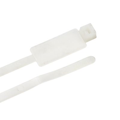 White identification cable ties with label area, designed for organizing and labeling cables, showcased on a white background.