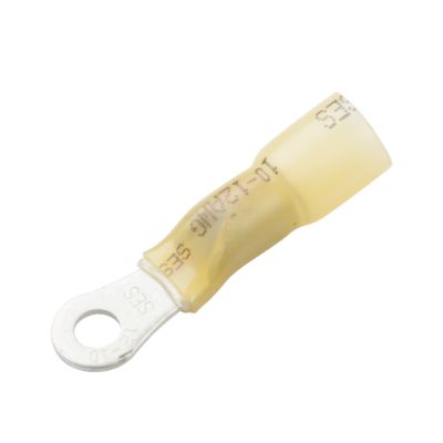 Yellow heat shrink and crimp long neck ring terminal for 8 stud, 12-10 gauge wire connections.