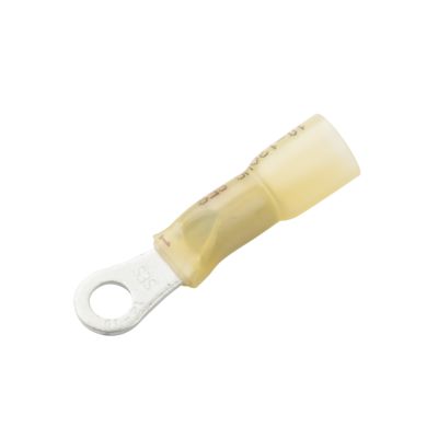 Yellow heat shrink and crimp long neck ring terminal, ideal for 12-10 gauge wiring, featuring a 10 stud connector.