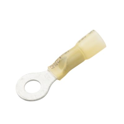 Yellow heat shrink crimp long neck ring terminal for electrical wiring, featuring durable insulation and crimp capability.