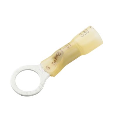 Yellow heat shrink and crimp long neck ring terminal with a circular metal connector for electrical applications.