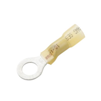 Yellow heat shrink crimp terminal with long neck, ring shape for 6 stud, compatible with 12-10 gauge wire.