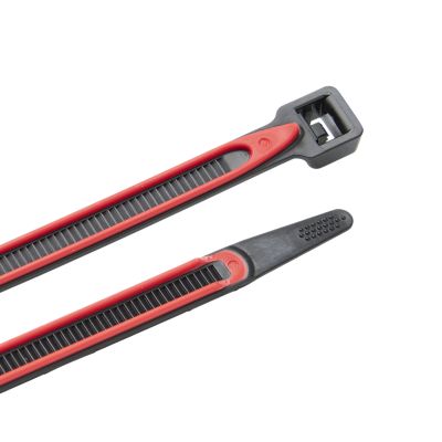 Releasable cable ties in UV black with red rubber lining, durable design for secure fastening.