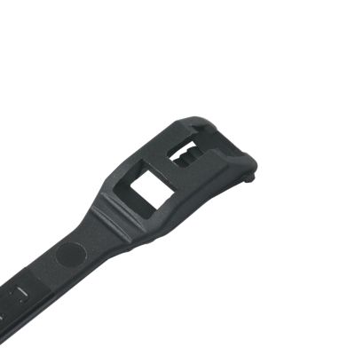 UV black low profile cable tie with secure locking mechanism, ideal for bundling cables discreetly and efficiently.