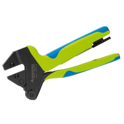 Rennsteig PEW12 hand crimp tool with ergonomic green and blue handles, designed for precision electrical crimping tasks.