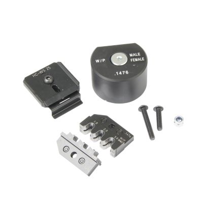 Die set with wire stop and locator, featuring various parts and screws, for Weather Pack 16-12 Ga applications.