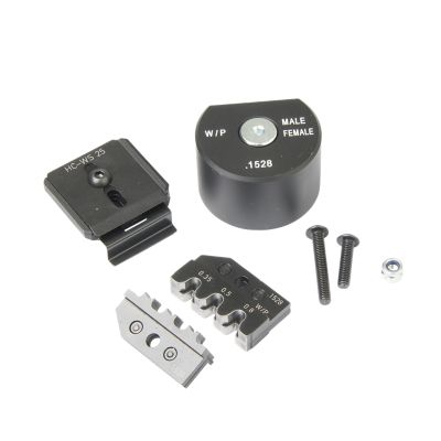 Die set components with wire stop and locator, screws, and Weather Pack for 22-18 gauge wire, black and metallic parts.