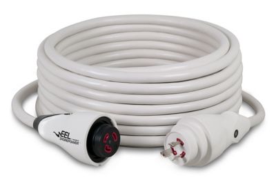 White Marinco Eel Cordset for marine use with coiled cable and secure connectors, 30 Amp, 125V.